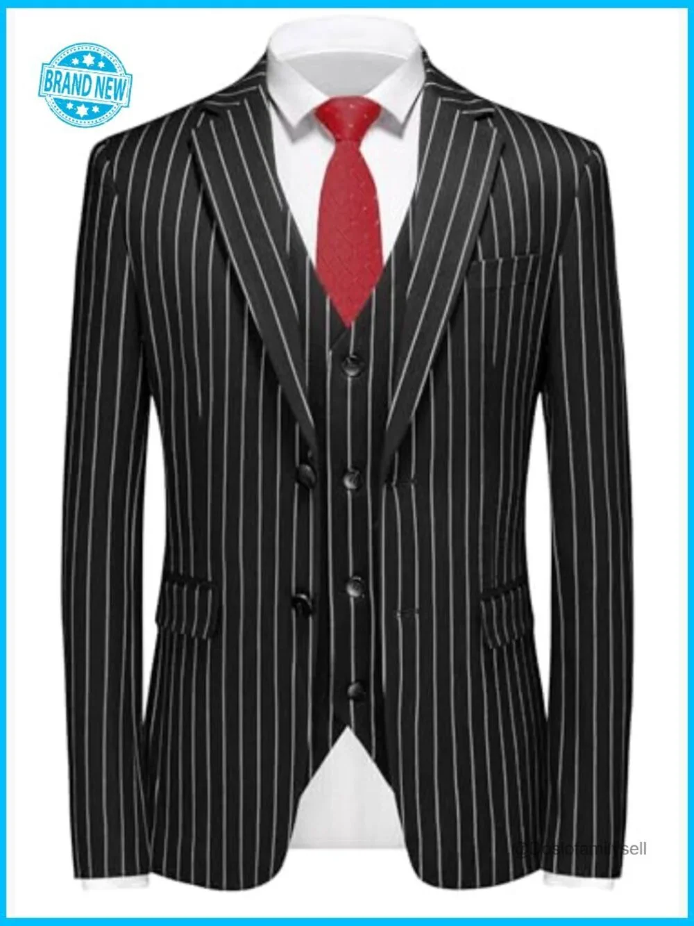 Slim Fit Pinstripe Suit Set Classic Elegant Formal Tuxedo Jacket Vest Pants